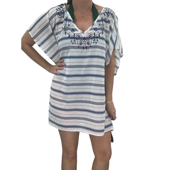 2/$30 FORTUNE Swimwear Cover Up Size M / Size S Blue White Crepe Stripe Tassels - Picture 1 of 7